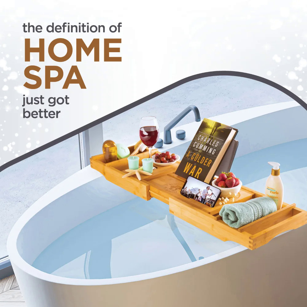 Luxury Bamboo Bathtub Caddy Tray, Expandable Sides Bath Caddy Tray (Book, , Glass, Cell Phone Holder)