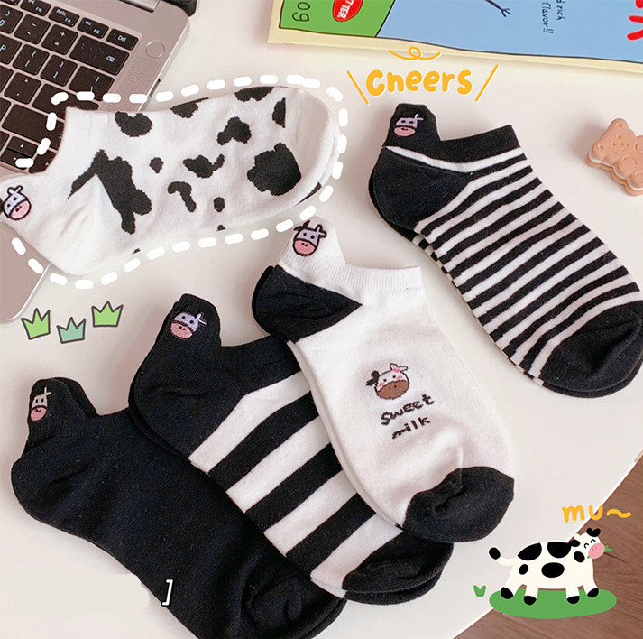 Tất nữ cổ ngắn, vớ cổ ngắn nam nữ vải cotton co giãn họa tiết bò sữa đáng yêu