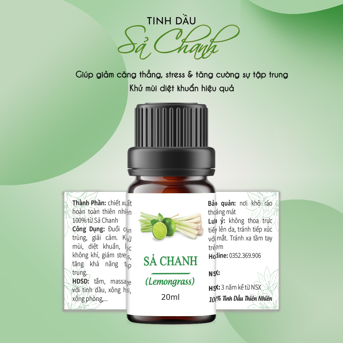 Tinh dầu Sả Chanh 20ml, đuổi muỗi, côn trùng, xông phòng, thiên nhiên nguyên chất