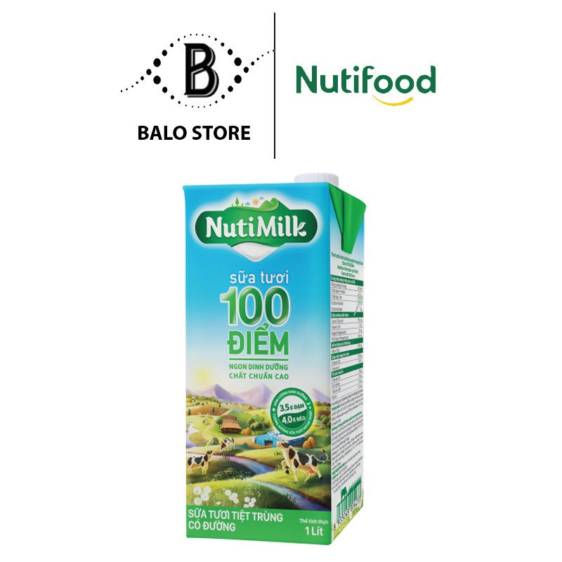 NutiMilk Sữa tươi 100 điểm - Sữa tươi tiệt trùng Có đường Hộp 1 Lít STCD1LLA - Thương Hiệu NUTIFOOD - BALO STORE