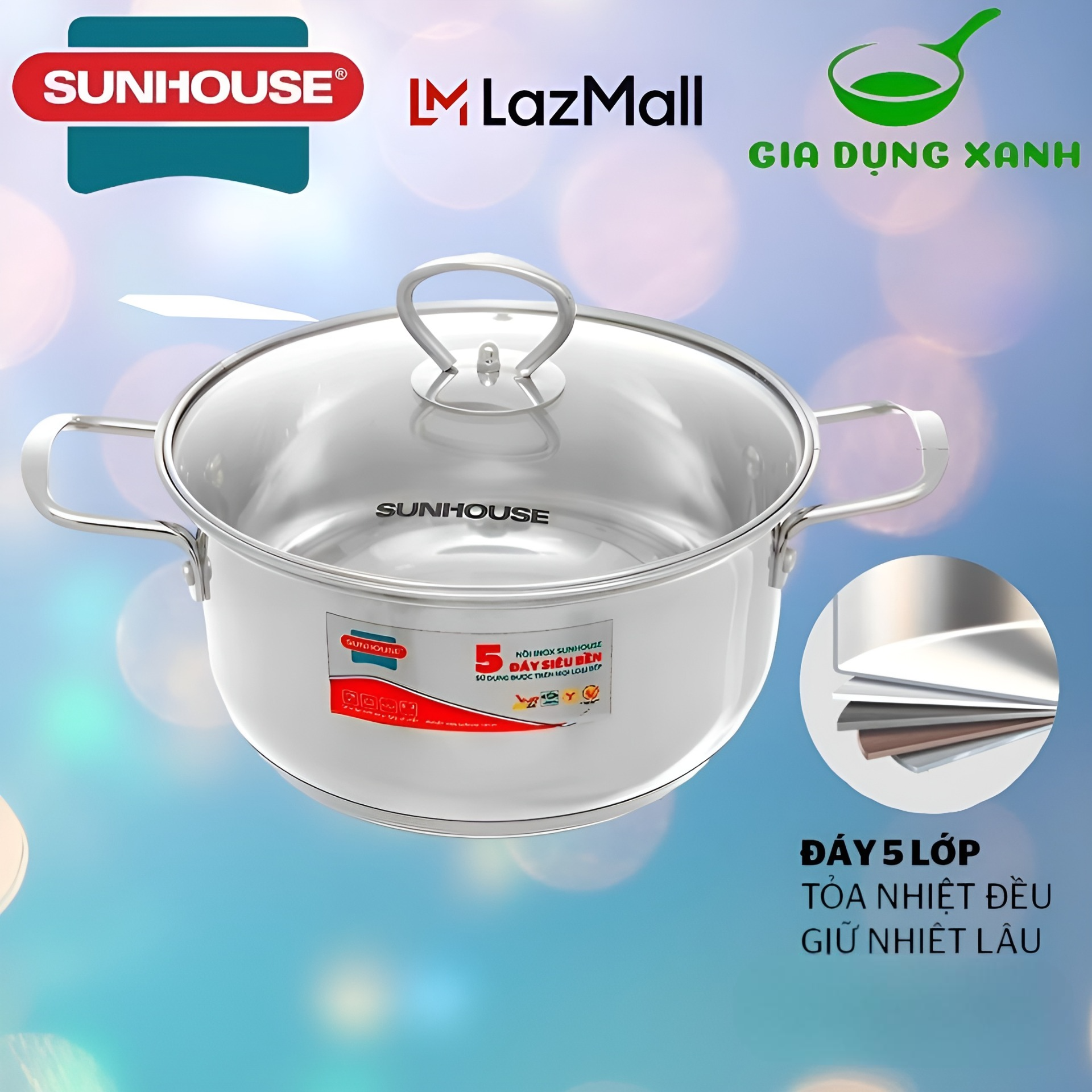 Nồi inox 5 đáy Sunhouse SHG788 lẻ size 16-20-24cm vung kính - dùng trên mọi loại bếp - hàng chính hãng