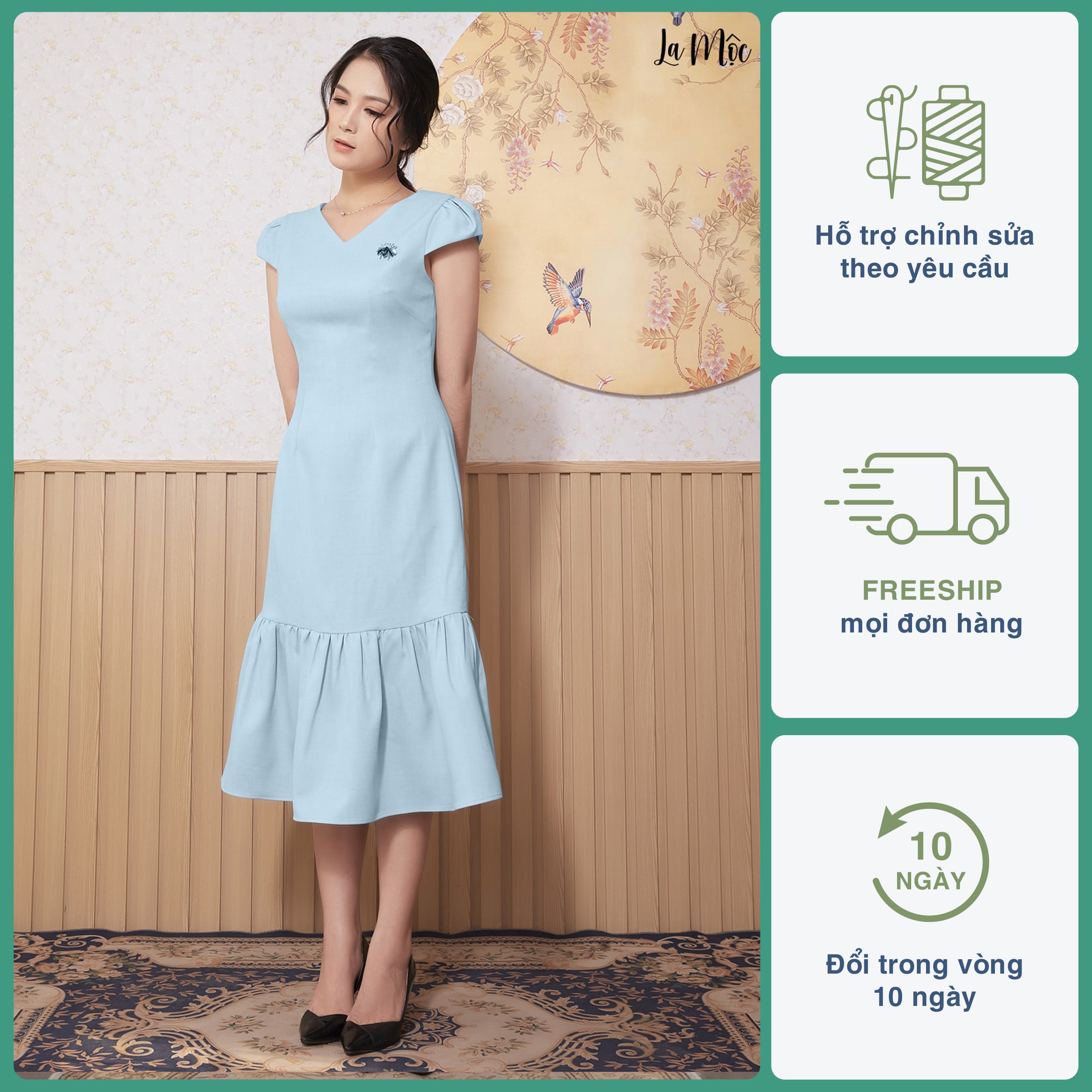 Đầm nữ công sở, đầm dự tiệc dáng suông màu xanh nhạt sang chảnh, cổ tim, nhúng kiểu đuôi cá - La Mộc