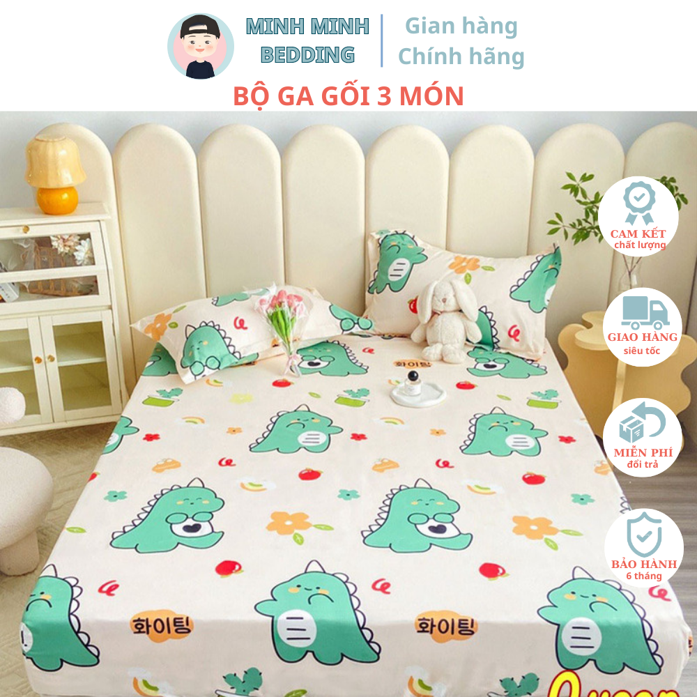 Bộ 3 món ga gối trải giường, Ga chun bọc đệm, 1 ga kèm 2 vỏ gối vải Cotton Poly mẫu KHỦNG LONG TRẮNG