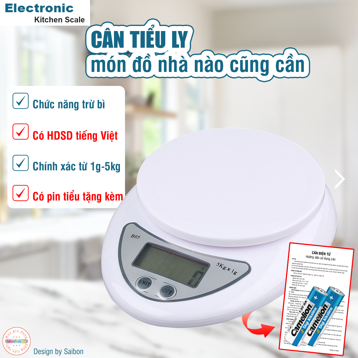 Cân tiểu ly cân điện tử nhà bếp tặng kèm pin + hdsd tiếng việt chính xác từ 1g đến 5kg