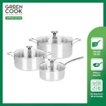 Bộ Nồi Inox 304 cao cấp 3 lớp Premium đáy liền nguyên khối  GCS235 - 162024cm Green Cook - Chính Hãng