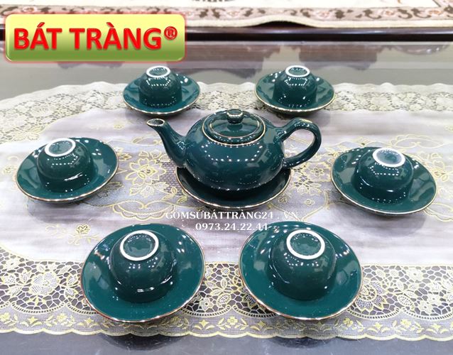 BỘ ẤM TRÀ BÁT TRÀNG CỠ NHỎ ĐẸP BỘ ẤM CHÉN XANH CỔ VỊT VIỀN VÀNG SANG TRỌNG