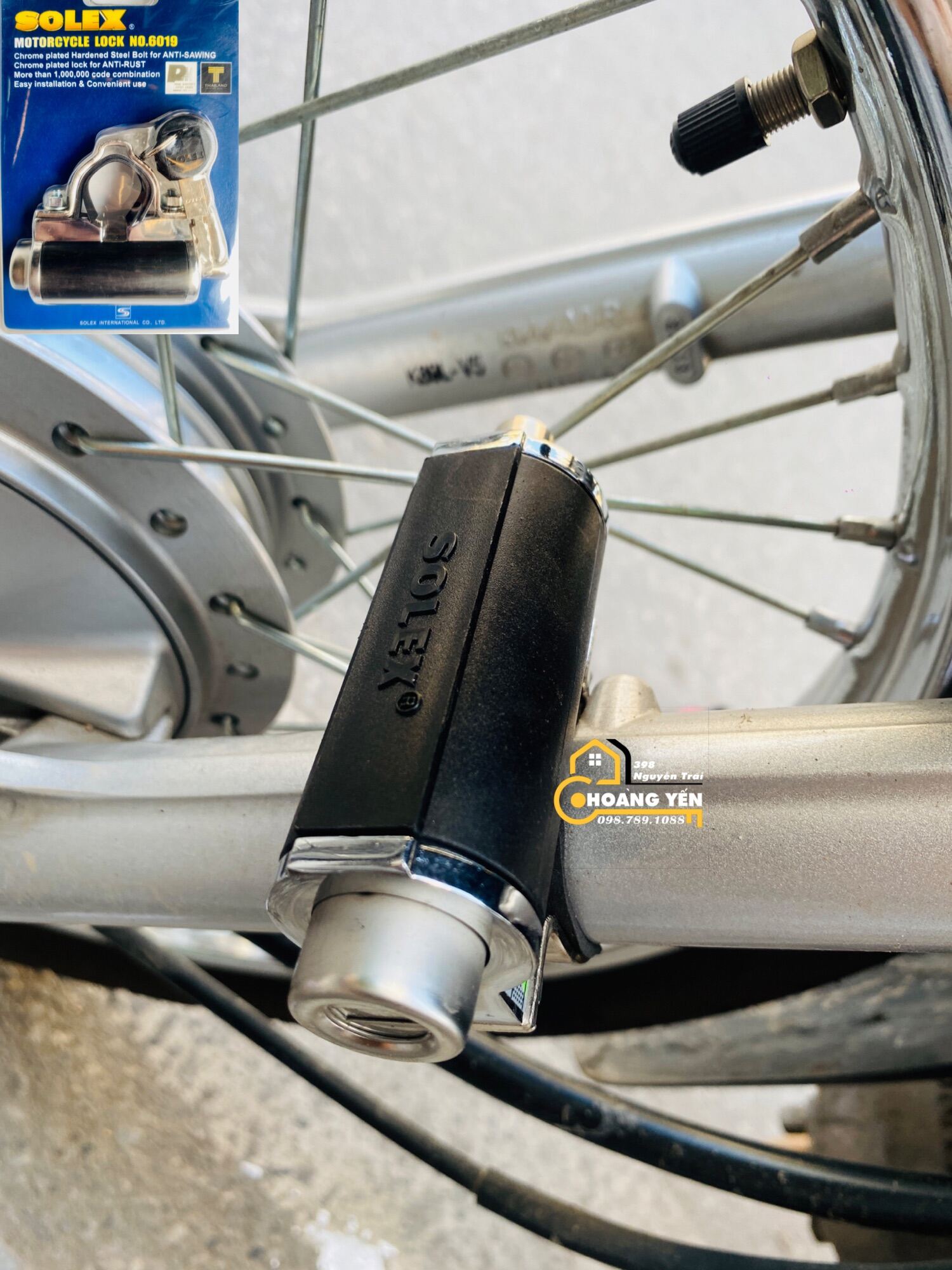 Khoá gắn càng xe máy chống trộm Solex - Thái Lan, khoá càng xe máy chống dò chìa