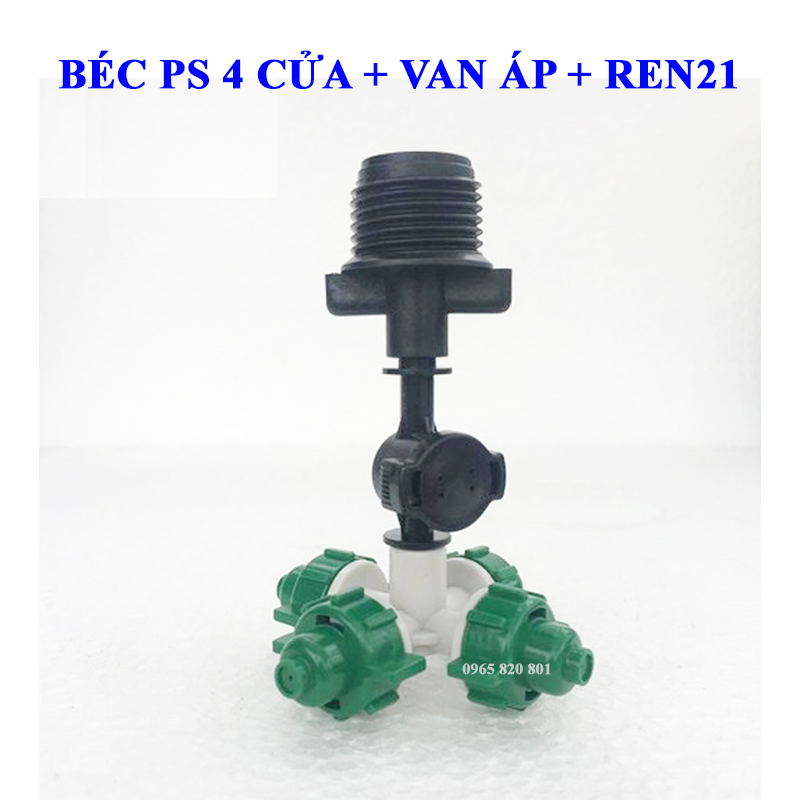 Béc phun sương 4 cửa có van chống nhỏ giọt, kết nối ren ngoài 21