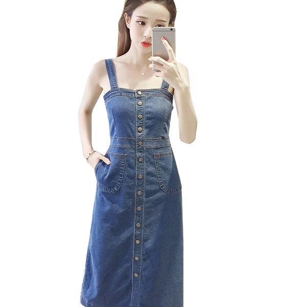 ĐẦM JEAN 2 DÂY PHỐI HÀNG NÚT D7780