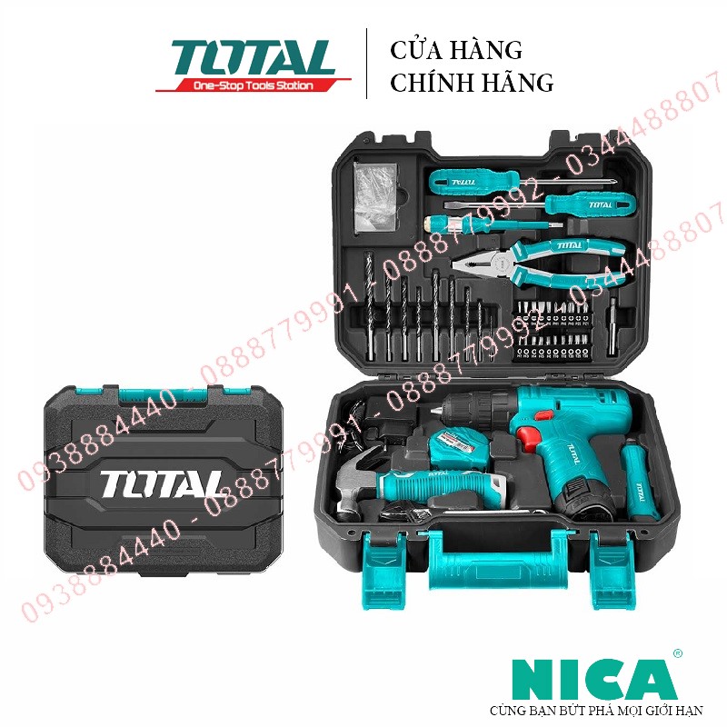 Bộ máy khoan pin và đồ nghề cầm tay 81 chi tiết total thkthp10812 | bộ máy khoan pin và đồ nghề gồm 1 máy khoan dùng pin lithium-ion 12v/ 1.5ah, model: tdli1211, kèm theo 1 pin và 1 sạc 2h
