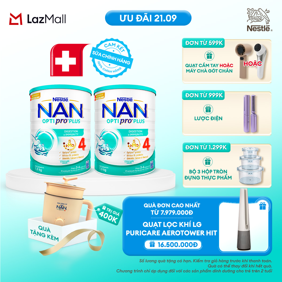 [Tặng Nồi lẩu điện] Bộ 2 lon Sữa bột Nestlé NAN OPTIPRO PLUS 4 1500g/lon với 5HMO Giúp tiêu hóa tốt cho bé từ 2 - 6 tuổi Sữa công thức dinh dưỡng cho trẻ giúp hỗ trợ tiêu hóa, đề kháng, trí não và phát triển toàn