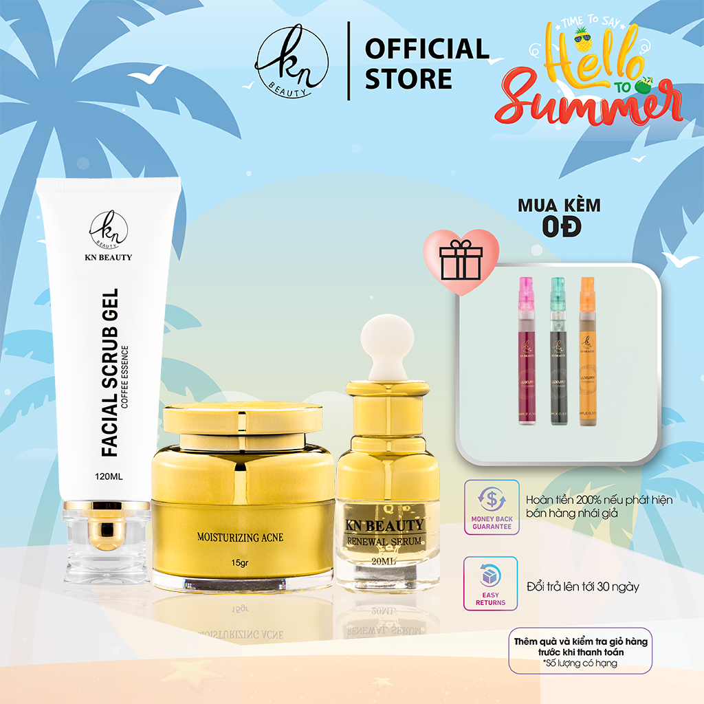 Bộ 3 sản phẩm Trắng Da Ngừa mụn KN Beauty chuyên sâu: Kem dưỡng 15g + Serum 20ml+ Tẩy tế bào chết 120ml (Quà Tặng Nước Hoa)
