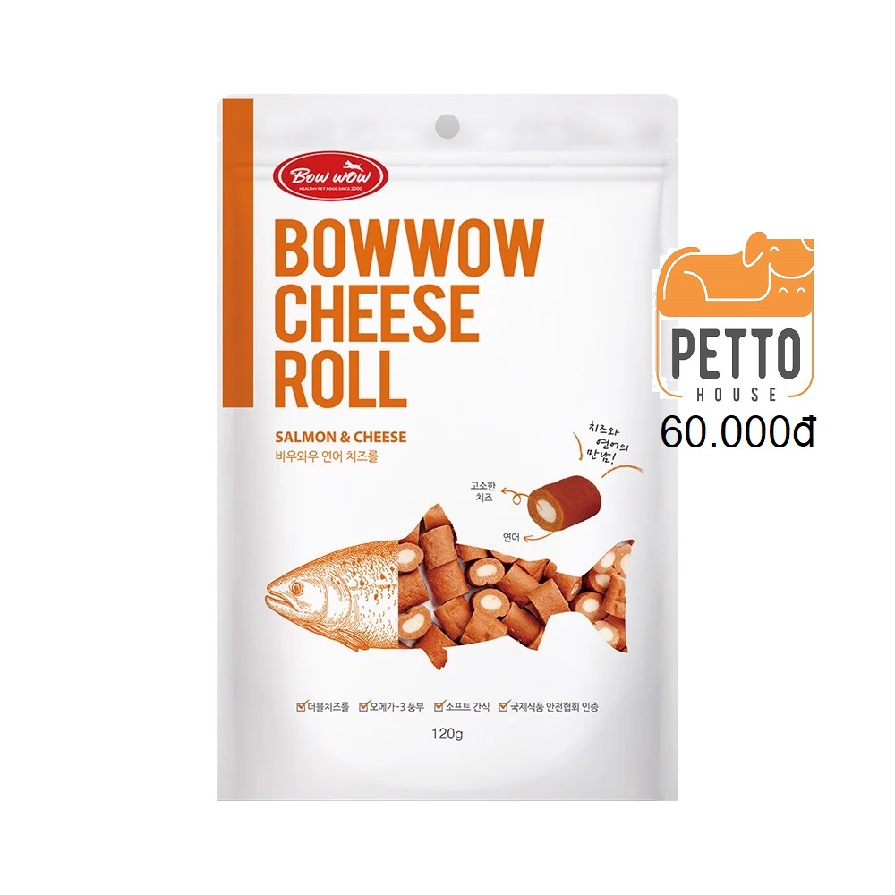 Đồ ăn vặt, bánh thưởng, snack, treat vị phô mai cuộn cá hồi Bowwow Cheese roll Salmon and cheese 120g sản xuất tại hàn quốc