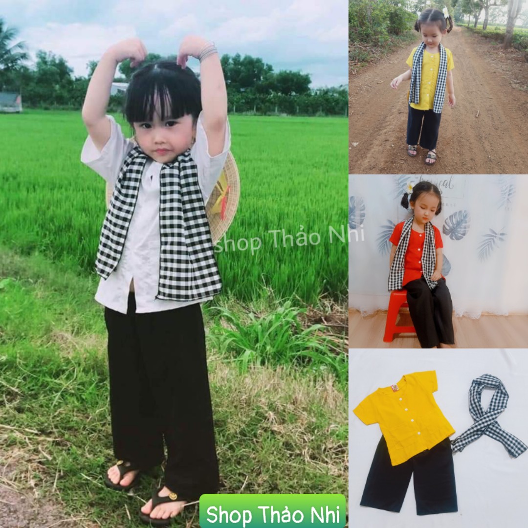 Bộ bà ba tặng kèm khăn rằn cho bé gái