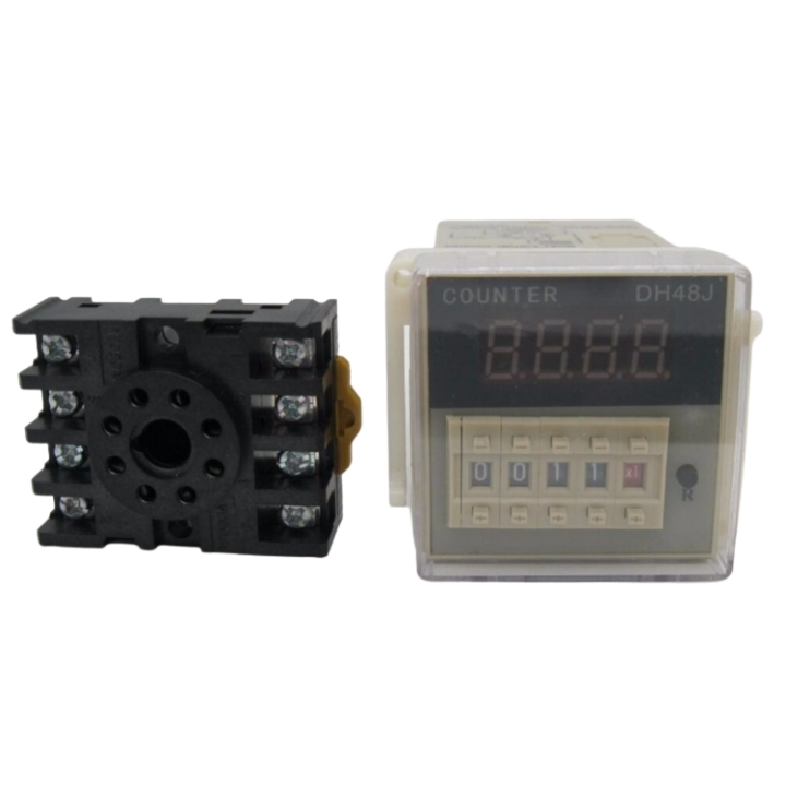 Bộ đếm 4 số dh48j-8 digital counter từ 1 đến 999900 tự động 8 chân tròn điện áp 220vac tặng kèm chân đế pf083a