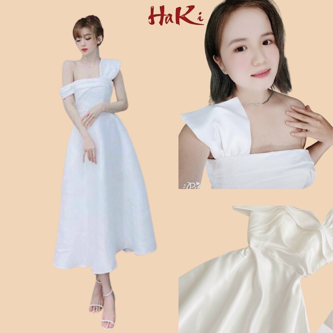 [HCM]Đầm váy nữ dự tiệc dễ thương thiết kế màu trắng lệch vai dáng xòe công chúa xinh đẹp phong cách thời trang HAKI MSP077