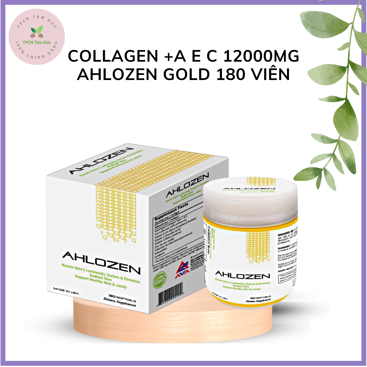 Collagen a e c 12000mg ahlozen gold 180 viên đẹp da, ngừa lão hóa