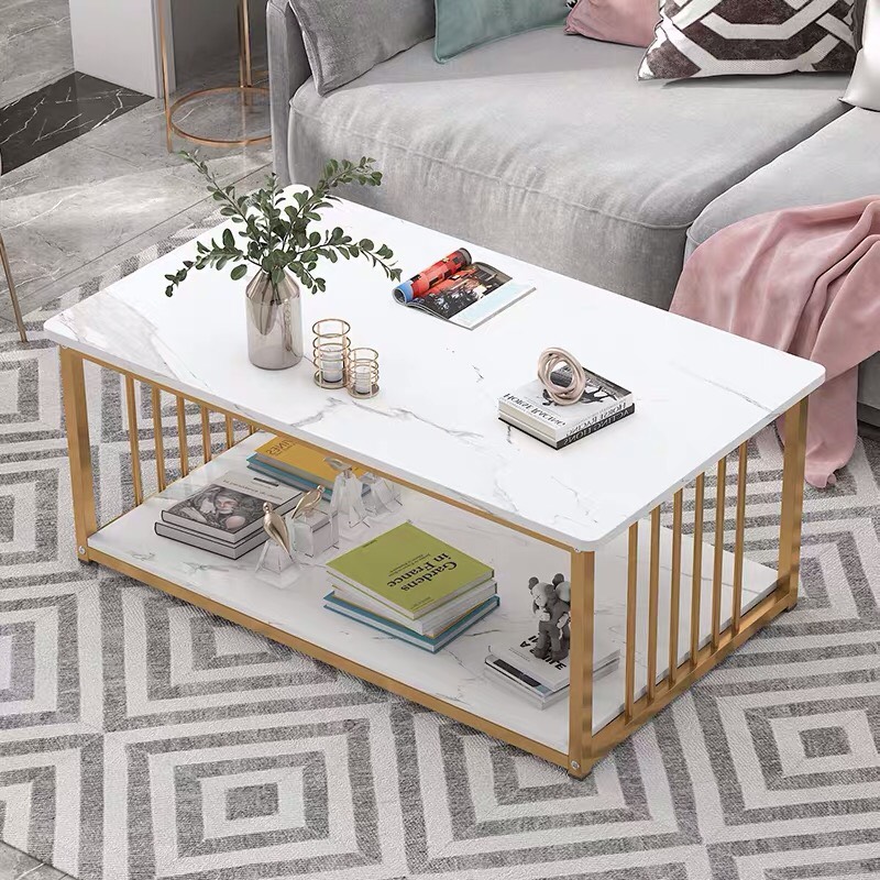 Bàn Sofa đẹp phong cách hiện đại, bàn uống nước trà cafe, bàn hình chữ nhật hoa văn cẩm thạch khung vàng kích thước 80x50x42 cm