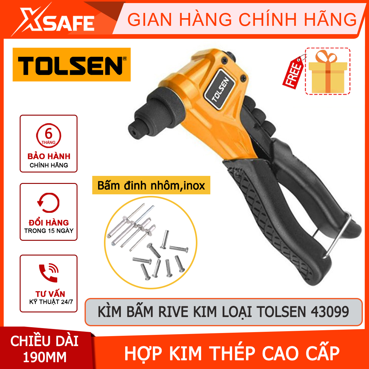 Kìm rút đinh tán Tolsen 43099 190mm, kìm bấm rive kim loại 4 đầu mũi kích thước khác nhau, hợp kim thép cứng cápchính hãngxsafe