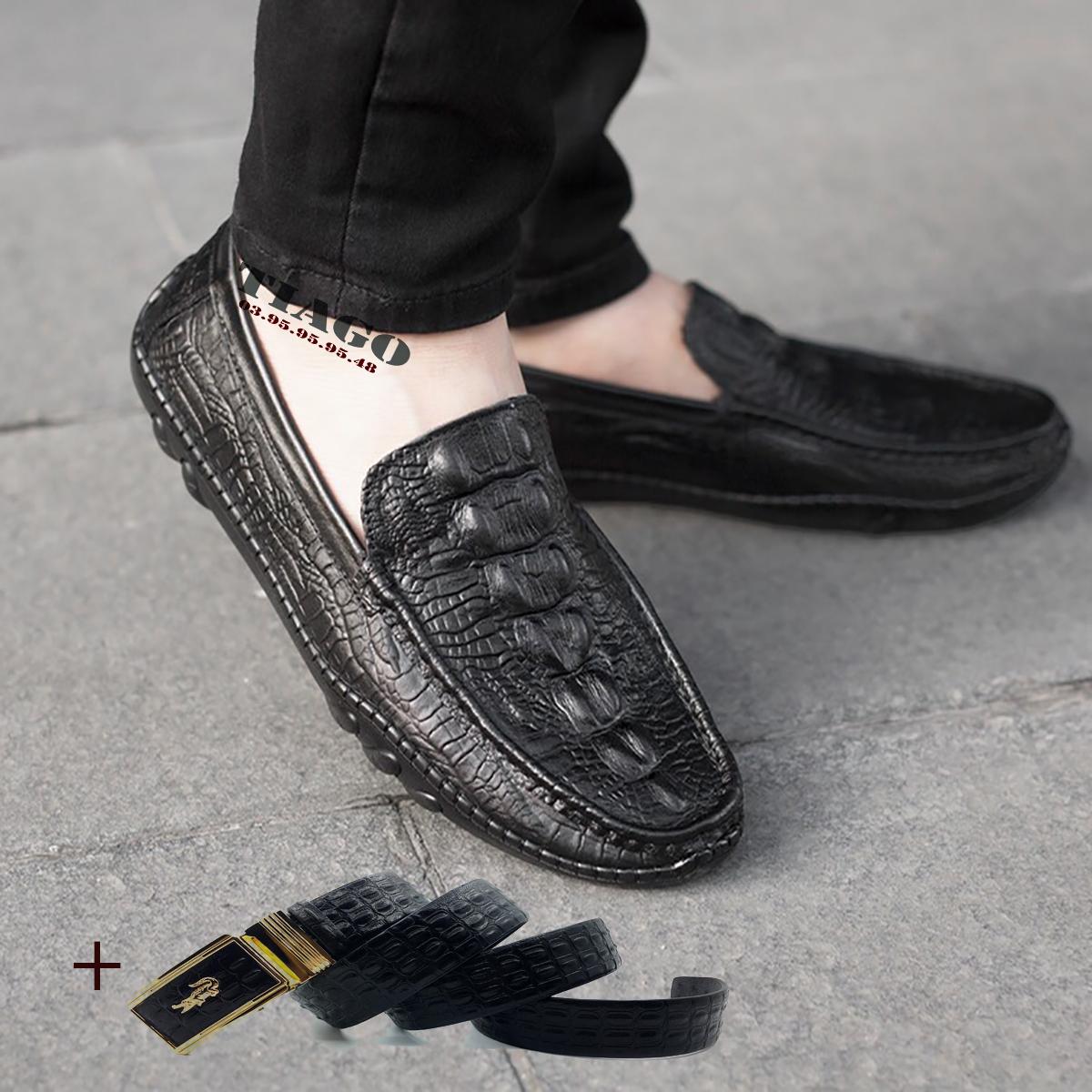 giày mọi nam da bò dập vân cá sấu tặng thắt lưng cá cá sấu