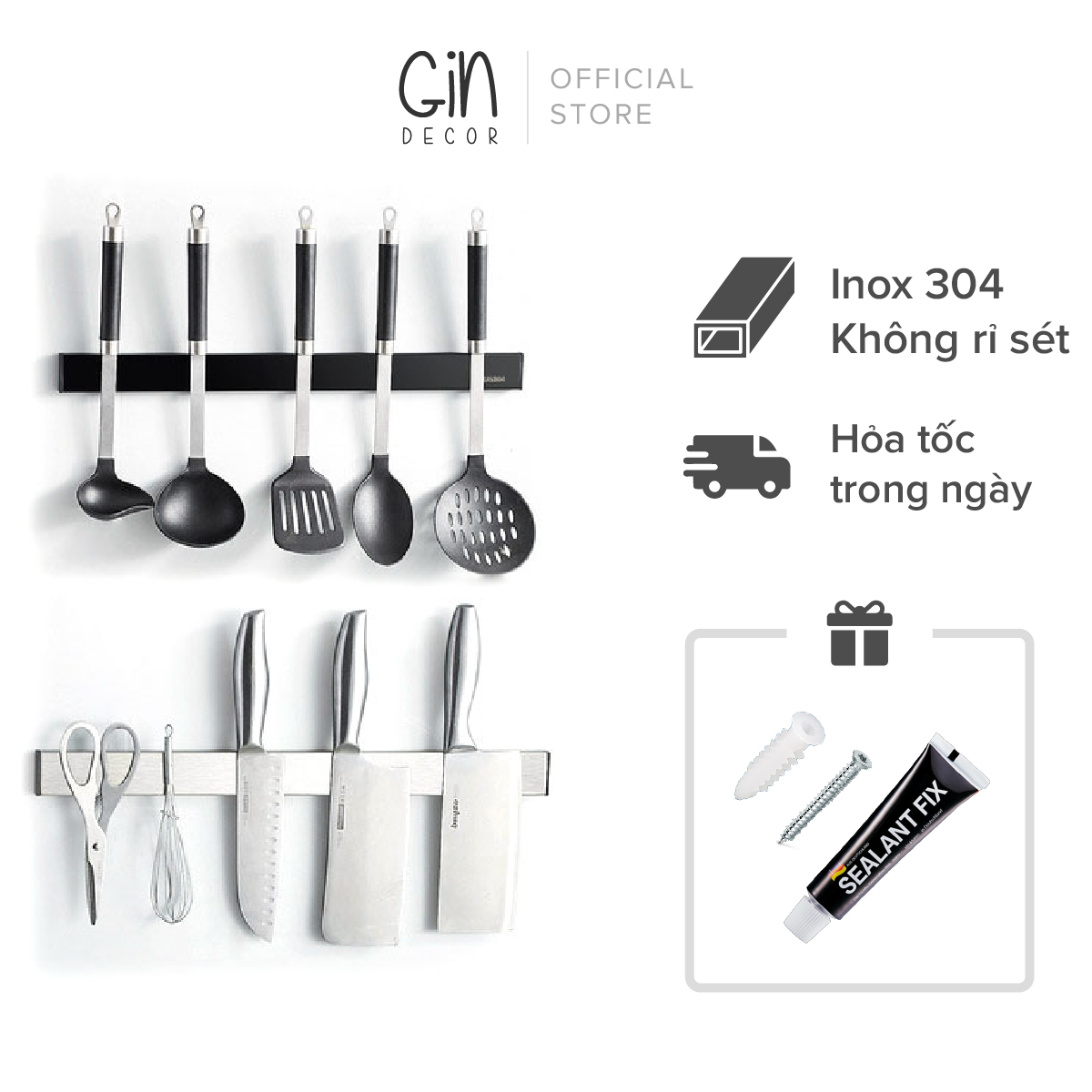 [HCM]Kệ để dao Thanh ngang hít dao Inox 304 nam châm siêu hút sang trọng cao cấp (dễ dàng lắp đặt không cần khoan tường)