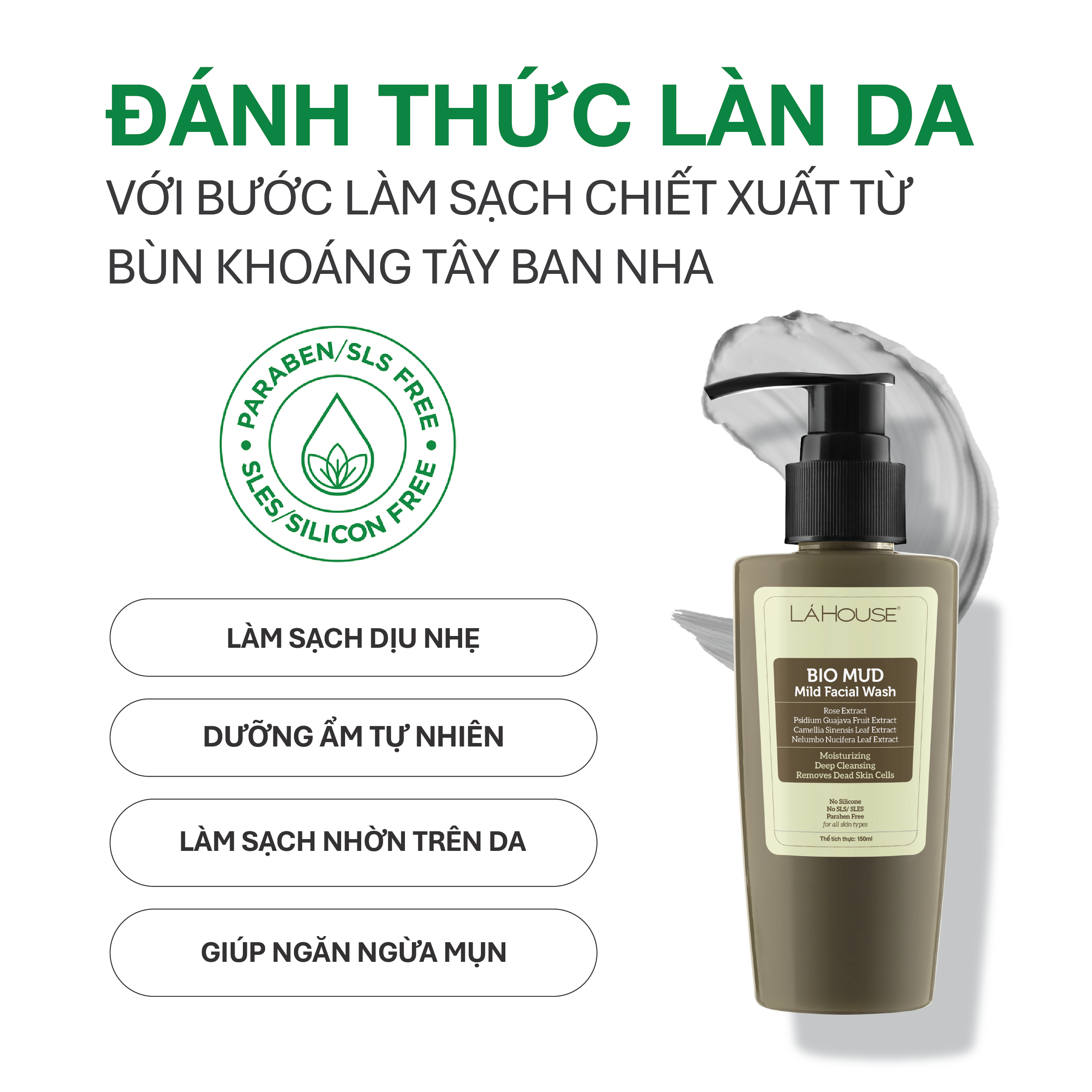 Sữa rửa mặt bùn khoáng loại bỏ tế bào da chết Lá House Bio Mud Mild Facial Wash 150ml