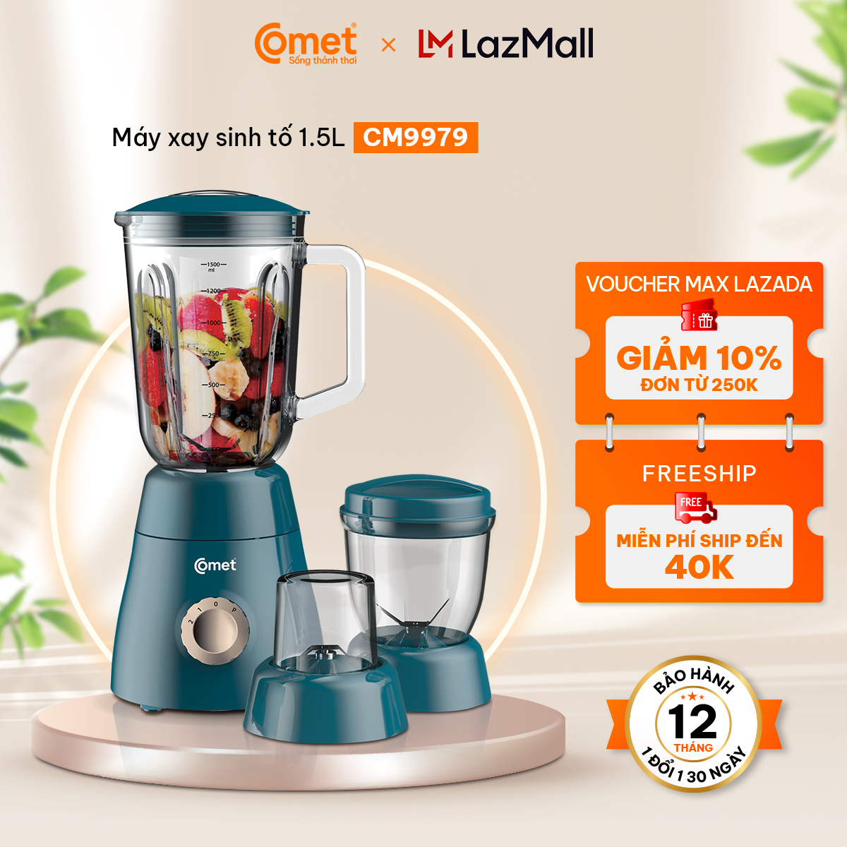 Máy xay sinh tố 3 cối thủy tinh & nhựa kháng vỡ 1.5L cao cấp COMET CM9979 , thiết kế hiện đại, mẫu mới nhất, công suất 450W, nghiền mịn đá nhỏ, 2 cối phụ xay thịt, xay hạt, xay gia vị