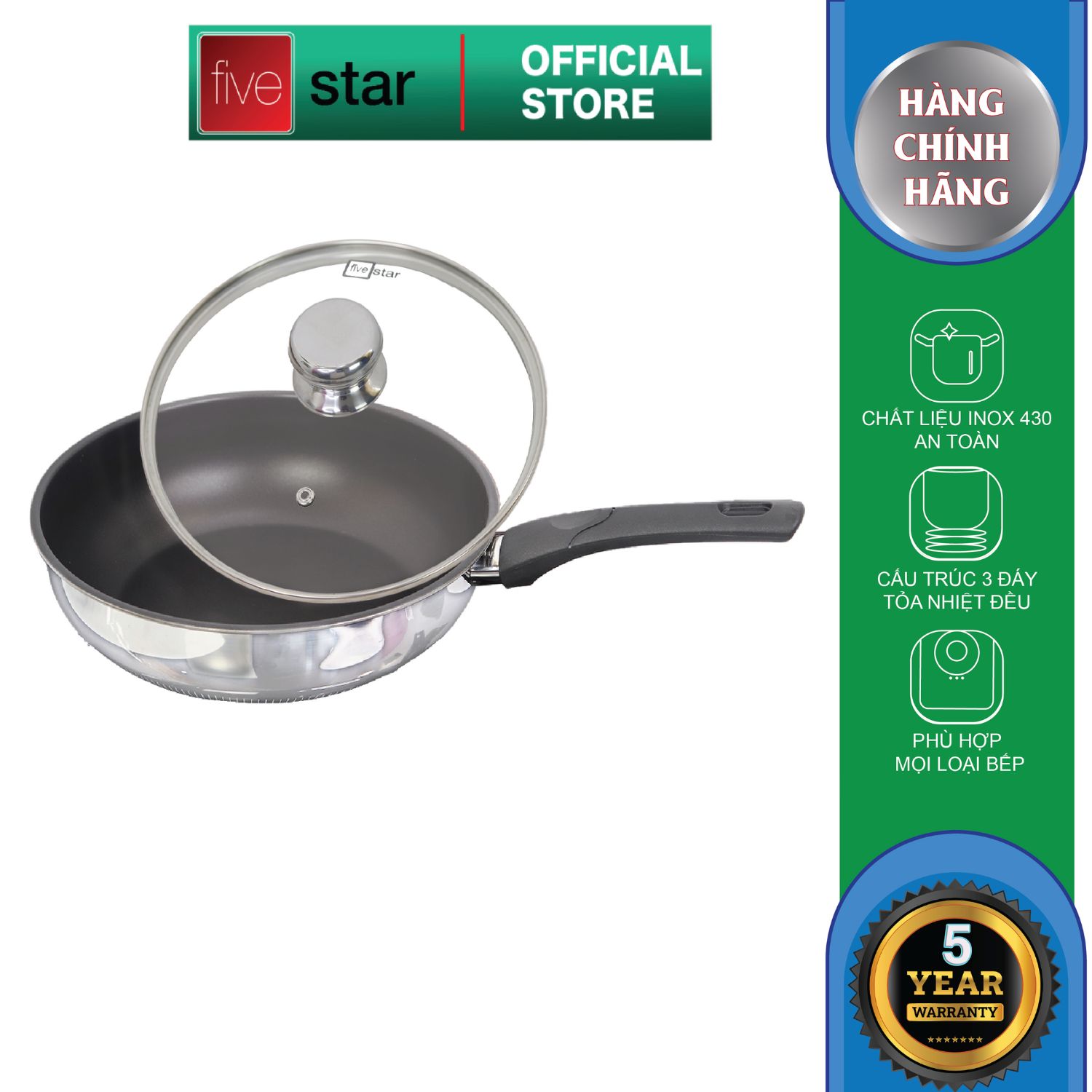 Chảo chống dính sâu lòng bếp từ cao cấp Fivestar 3 đáy , inox 430  , dùng được mọi bếp 22cm - 24cm - 26cm - 28cm