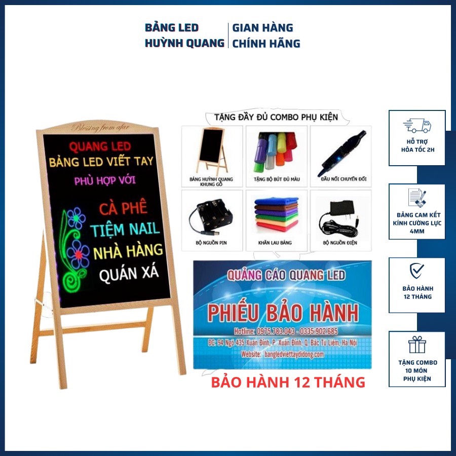 Bảng led huỳnh quang khung gỗ 60x80cm, 50x70cm, 40x60cm