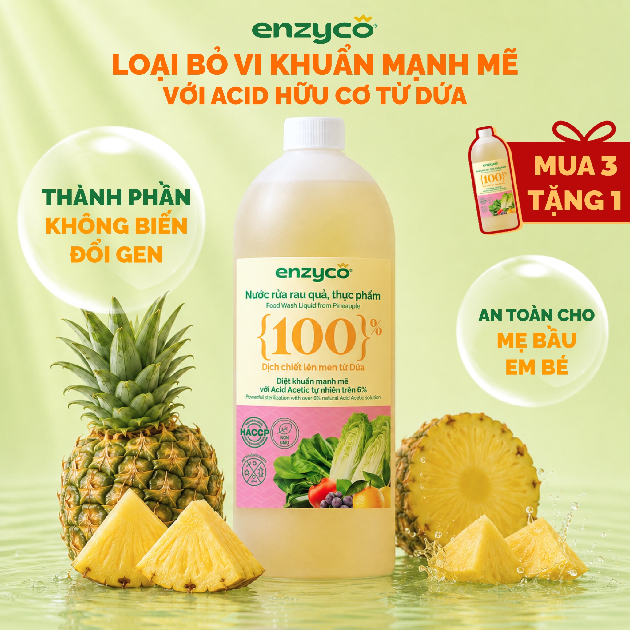 Nước ngâm rửa rau củ quả sinh học Enzyco - 100% Enzyme Dứa, Acid Hữu Cơ > 6%,Loại Bỏ E.coli, Tụ Cầu Vàng Gây Tiêu Chảy, Nôn Mửa, Khử Mùi Thịt Cá