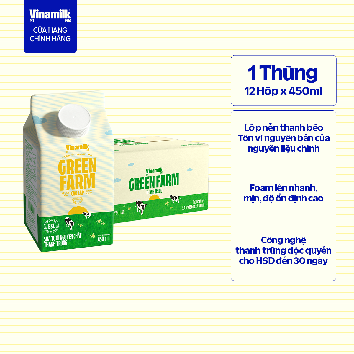 [CHỈ GIAO HCM+HN] Thùng 12 hộp Sữa tươi Nguyên chất Thanh trùng Vinamilk Green Farm 450ml