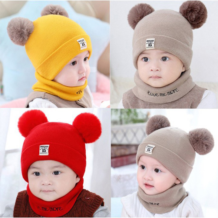 Mũ len trẻ em 2 cục bông kèm khăn quàng cổ mịn màng ấm áp cho bé dưới 3 tuổi