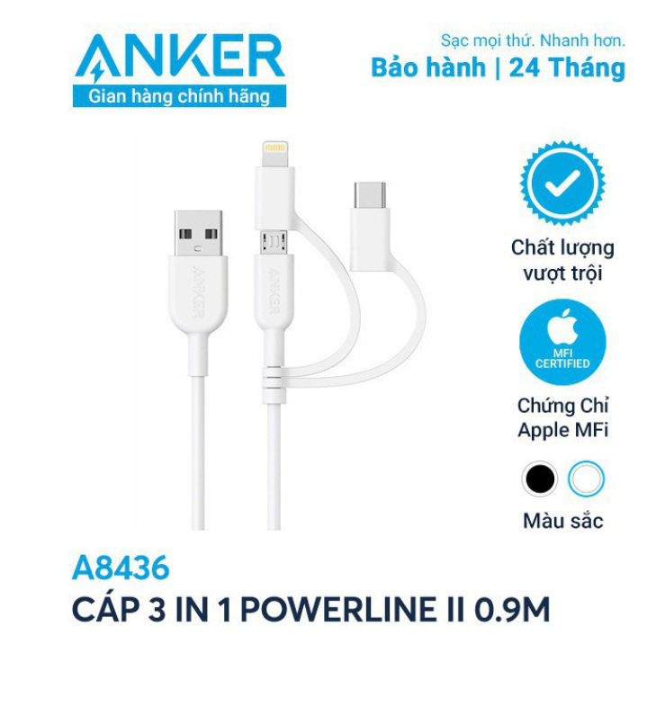 Cáp 3 in 1 ANKER Powerline II 0.9M - A8436 (Lightning - Type C - Micro USB)