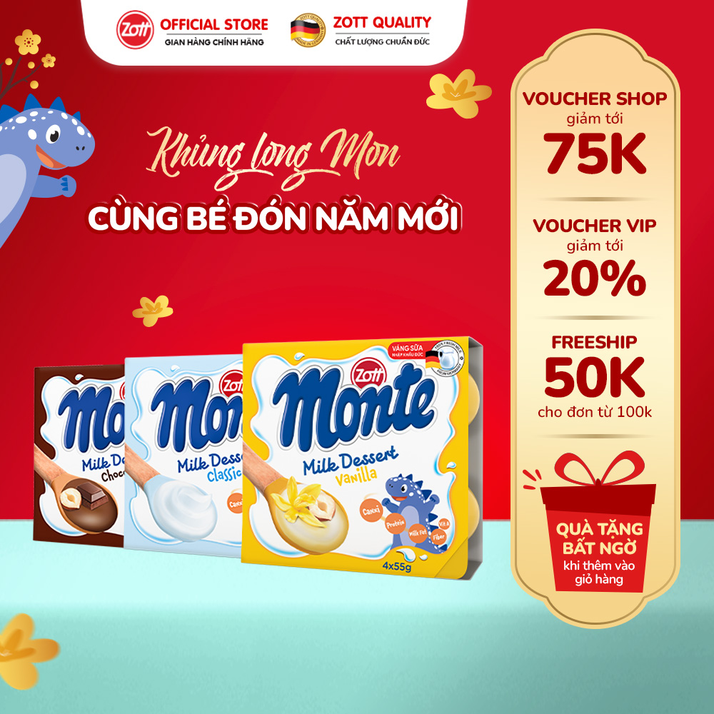 Giao Hoa Toc - Combo Mix 3 Blister Packs of Zott Monte Milk Cream with Vanilla - Chocolate - Classic Flavors Imported from Germany (Blister Pack - 55g X 4 Jars)