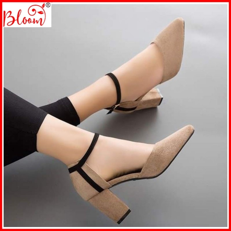 [HCM]Giày cao gót nữ 7p đế vuông da lộn bít đầu Giày cao gót đế vuông 7p Bloom