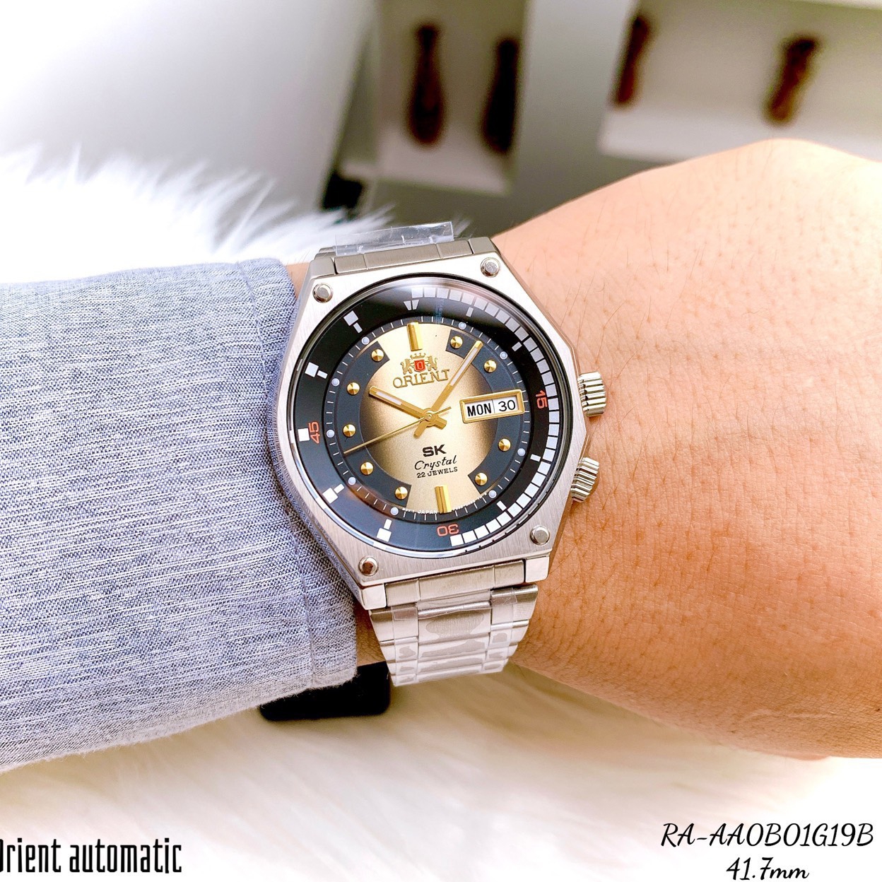 đồng hồ nam chính hãng orient sk mặt vàng ra-aa0b01g19b bản mới size 42,lịch ngày-máy cơ tự động automatic-dây kim loại thép cao cấp 3