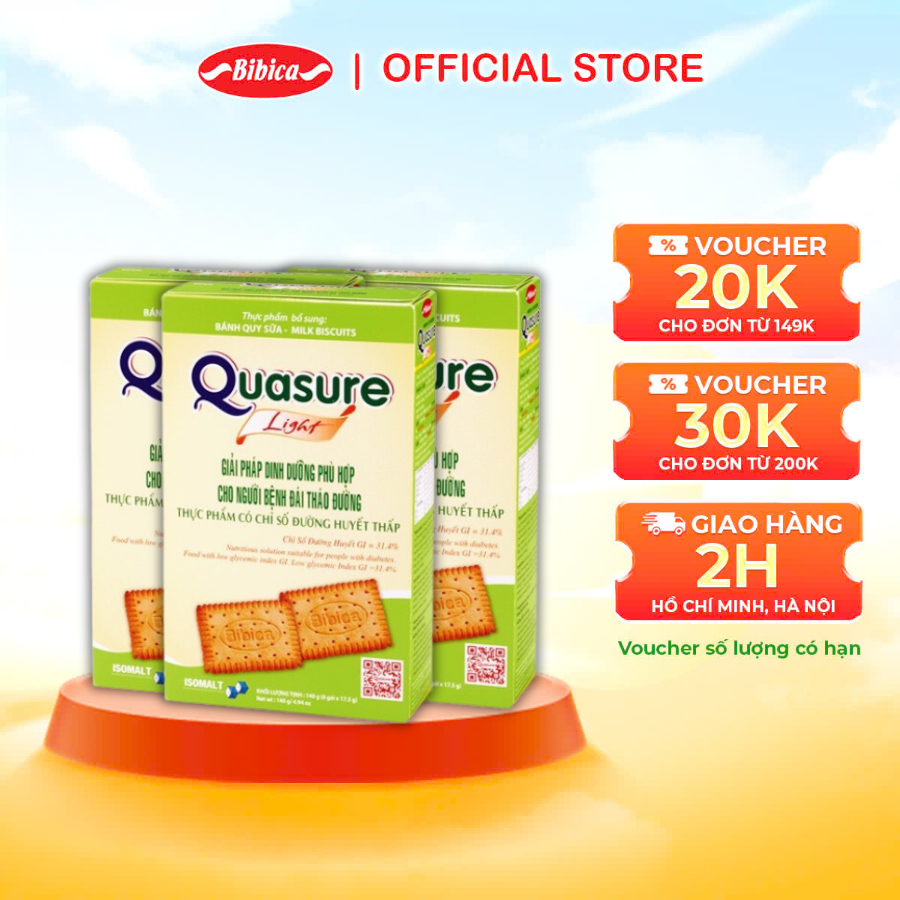 Combo 3 Hộp Bánh Quy Quasure Light Sữa Bibica 140g - Thực phẩm dành cho người ăn kiêng, tiểu đường