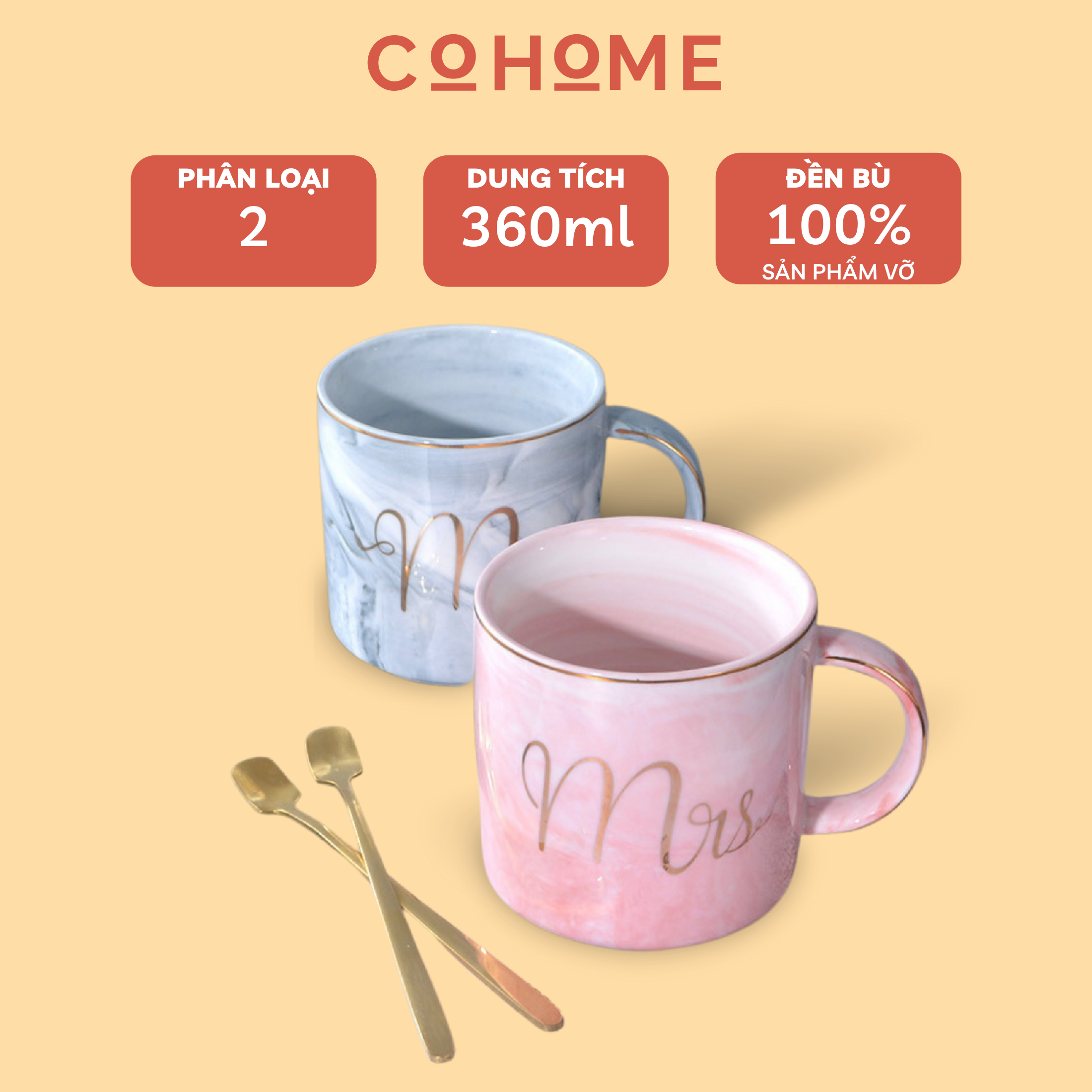 Ly cốc sứ cặp đôi 360ml quà tặng ý nghĩa, chất liệu cao cấp bền đẹp