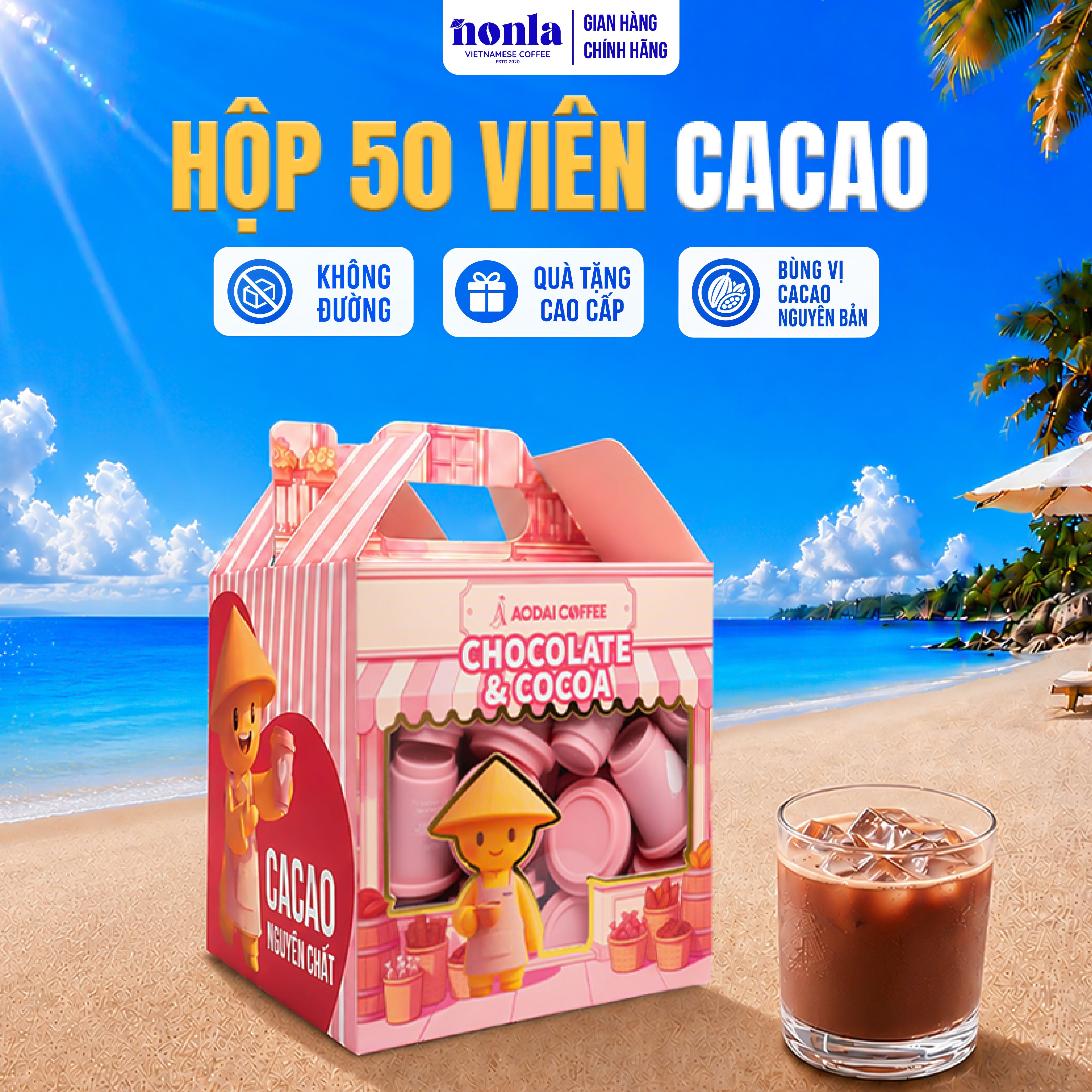 Hộp 50 Viên Cacao Hòa Tan Nguyên Chất Không Đường NONLA COFFEE Cung Cấp Năng Lượng Và Dưỡng Chất
