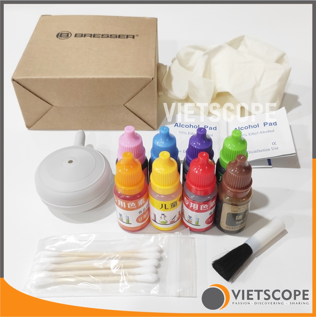 [HCM]Bộ thuốc nhuộm màu tiêu bản xử ý mẫu và phụ kiện dành cho kính hiển vi Bresser