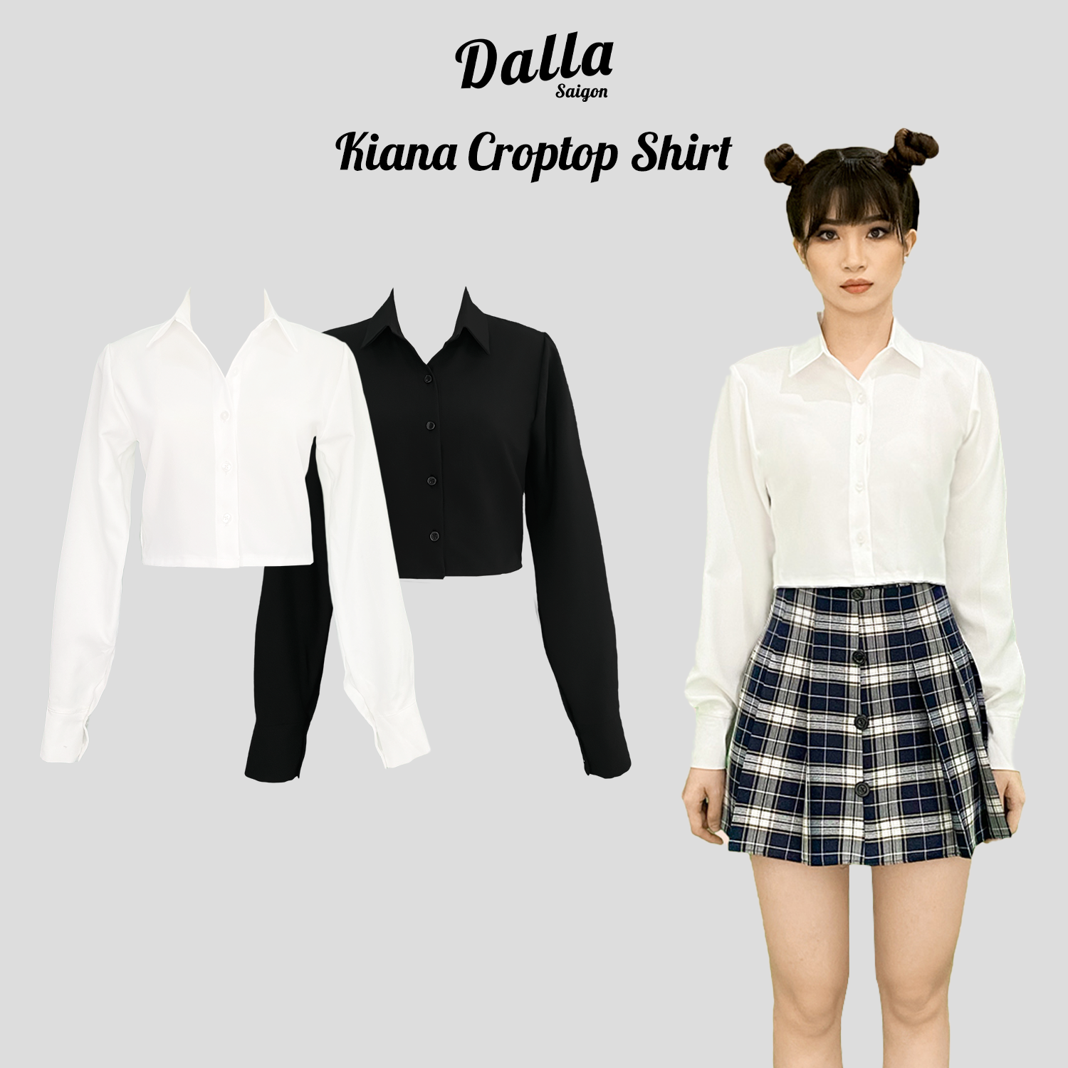 DALLA Áo sơ mi trắng nữ tay dài croptop