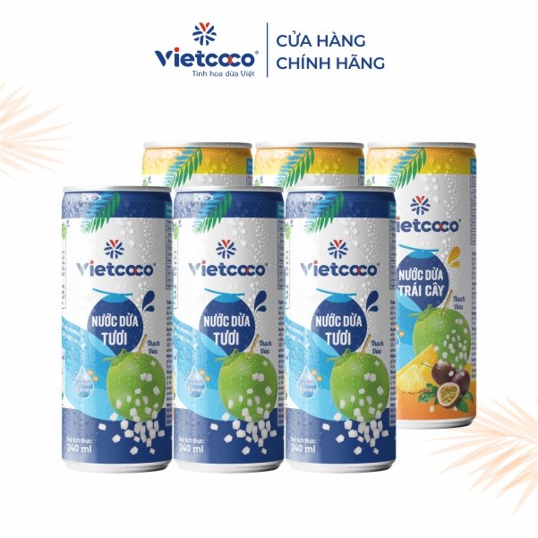 Combo 6 lon nước dừa tươi Vietcoco 240ml mix 2 vị tự nhiên và trái cây