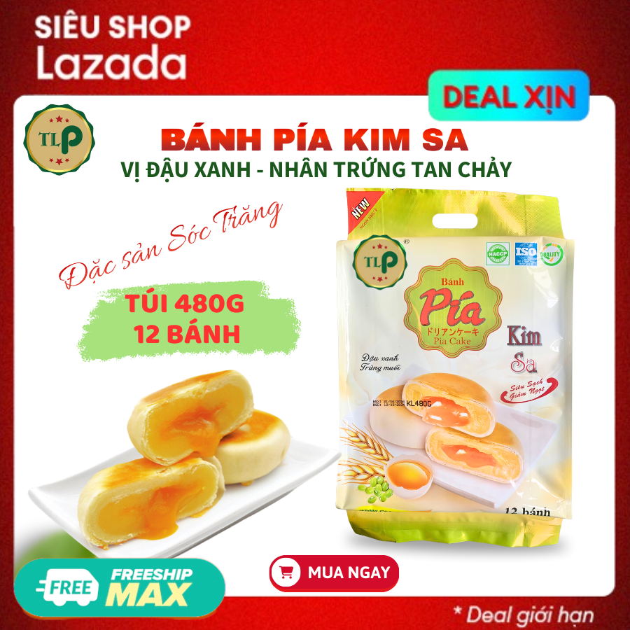 Bánh Pía Kim Sa TLP Vị Đậu Xanh Nhân Trứng Muối Túi 480g 12 Bánh Đặc Sản Sóc Trăng