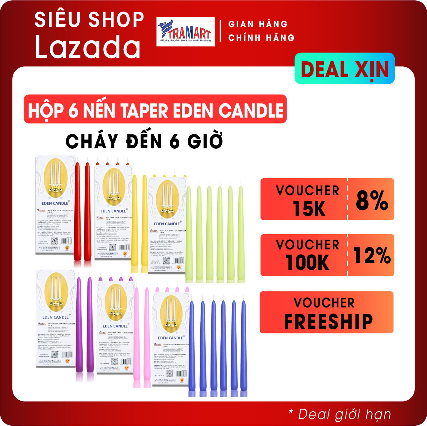 Hộp 6 nến thơm taper Eden Candle FTRAMART EDC2331 25 cm, tùy chọn nhiều màu sắc, Nến taper phù hợp chân đế nến taper theo tiêu chuẩn