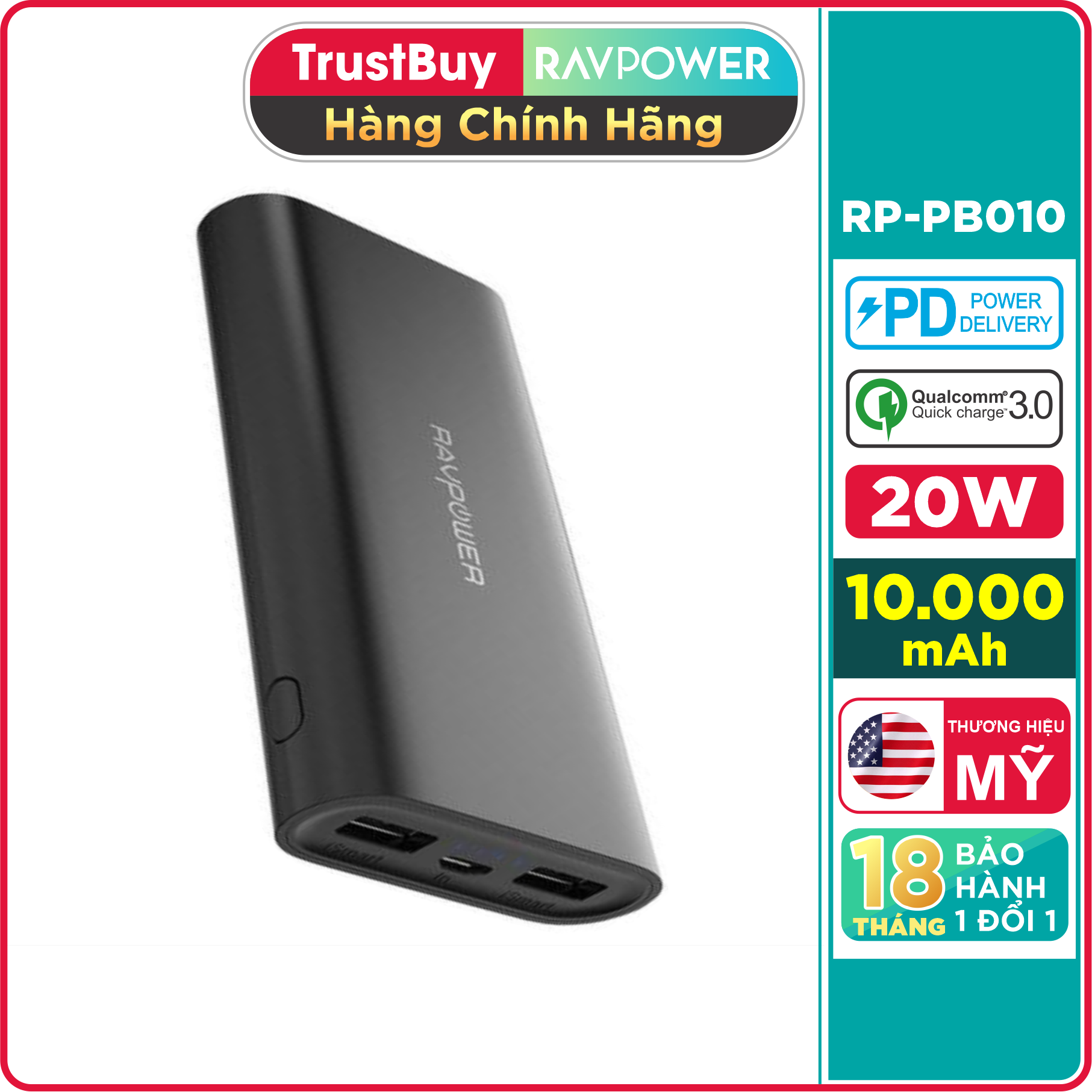 Pin Sạc Dự Phòng RAVPower 16750mAh 22.5W Công Nghệ Sạc Nhanh Thông Minh iSmart 2.0, Thiết Kế Nhỏ Gọn, Sạc Đồng Thời 2 Thiết Bị - RP-PB010 - Hàng Phân Phối Chính Hãng