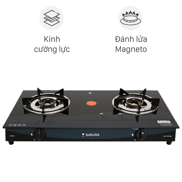 Bếp gas đôi Sakura SA-695SG Hàng trưng bày Mặt bếp bằng kính cường lực Đầu đốt bằng đồng thau bền bỉ cho lửa xanh không đen nồi.