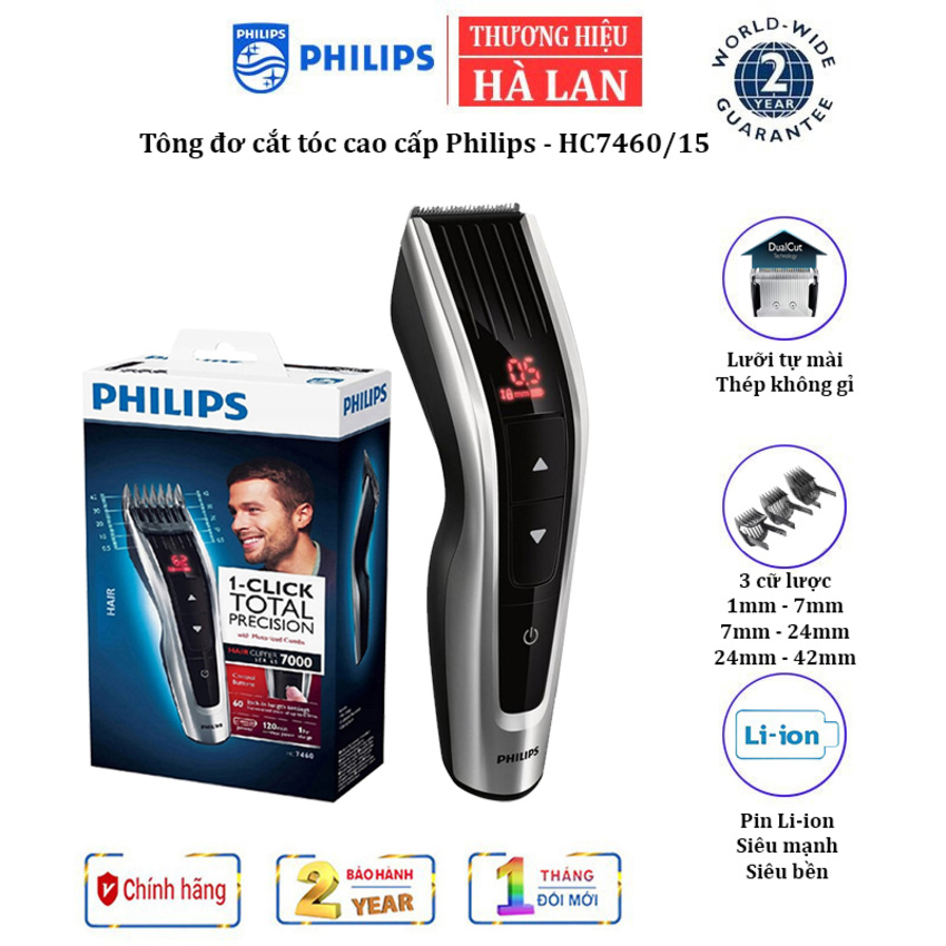 Tông đơ cắt tóc cao cấp Philips HC7460/15, thời gian cắt 120 phút, sử dụng không dây - Hàng Chính Hãng bảo hành 24 tháng