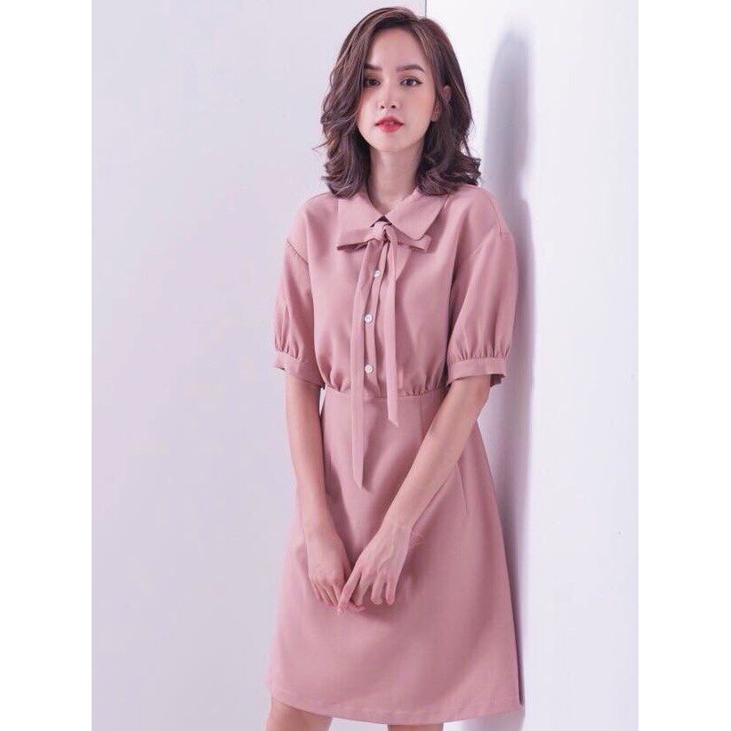 Đầm xoè babydoll dễ thương hồng nơ cổ - dx077