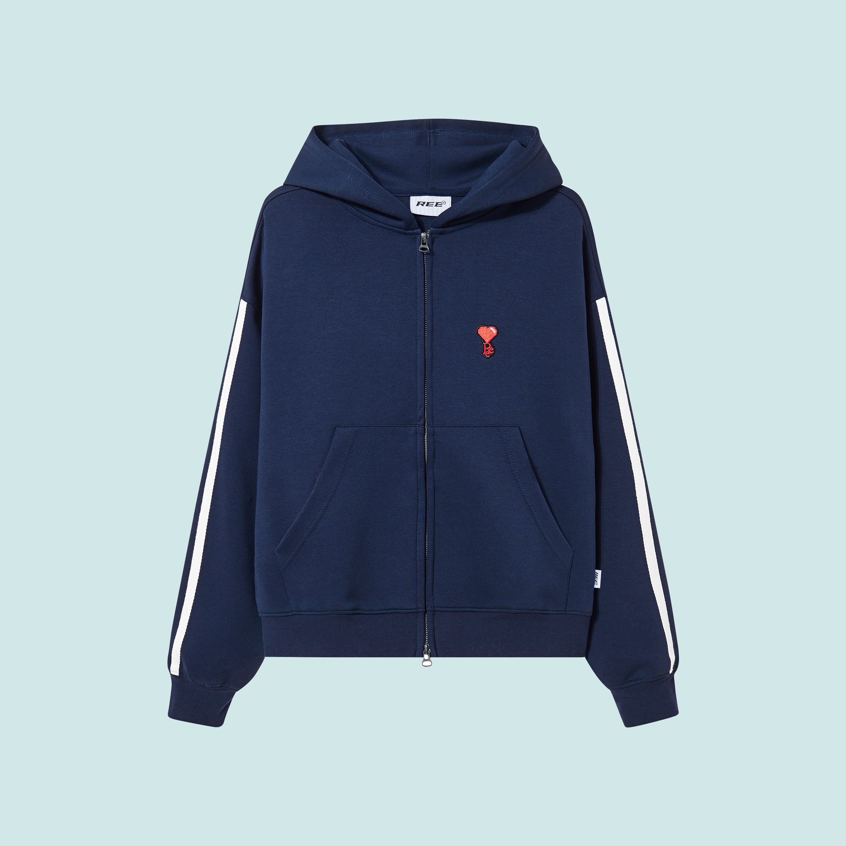 Áo hoodie zip 2 viền sọc form boxy màu navy