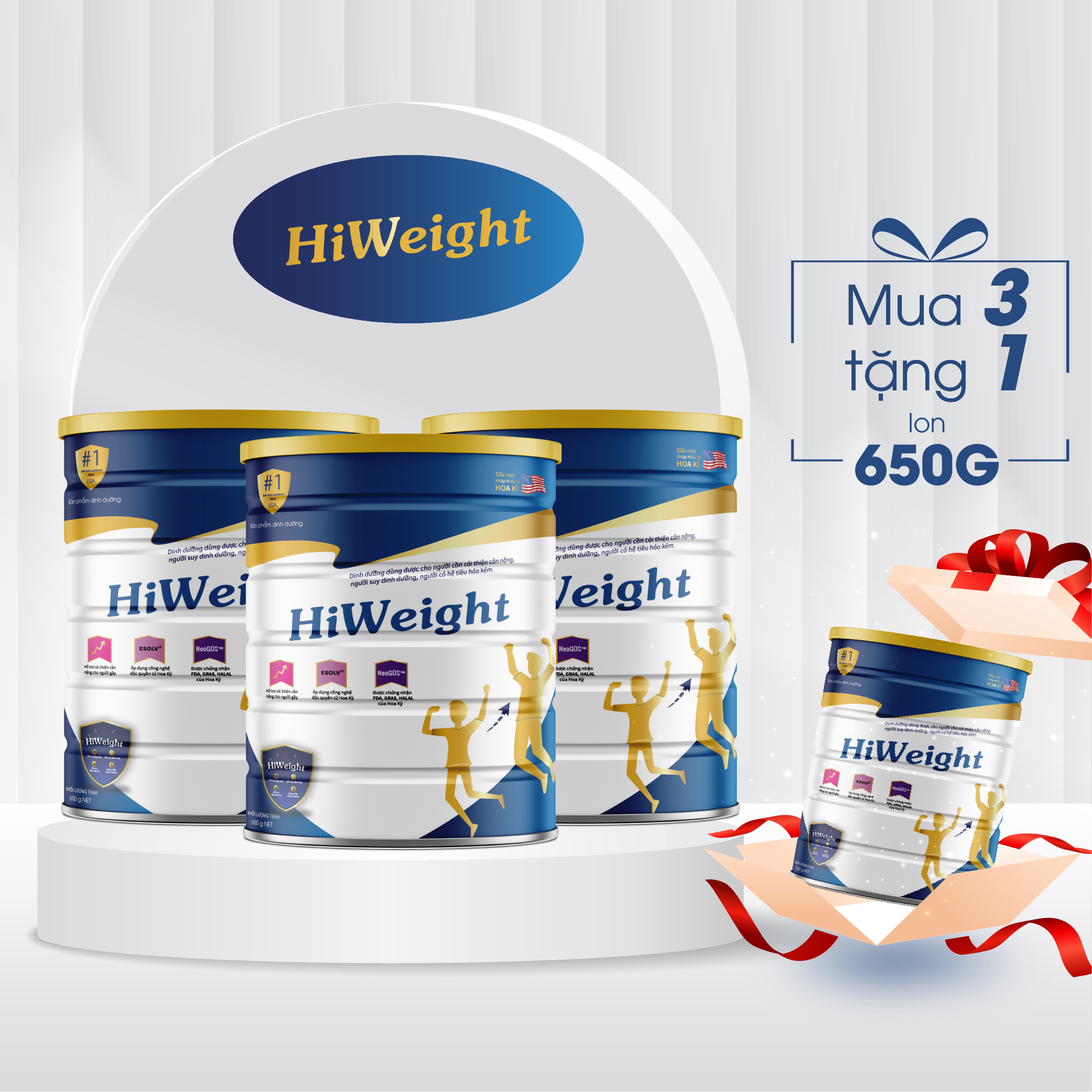 Combo 3 tặng 1 sữa non Hoa Kỳ HiWeight 650g - sữa bột hỗ trợ tăng cân an toàn cho người gầy và trẻ trên 10 tuổi